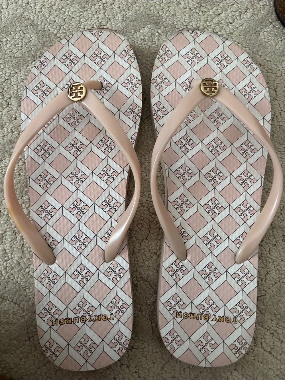 Tory Burch Blush Pink Logo Pattern Flip Flop Sandals